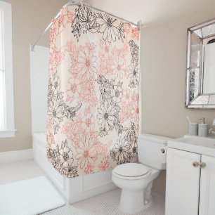 Modern Coral Black Rose Gold Floral Marble Shower  Curtain
