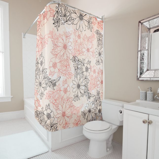 Modern Coral Black Rose Gold Floral Marble Shower  Shower Curtain (In Situ)