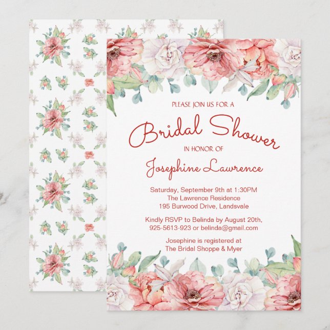 Modern Coral Blush Pink Floral Bridal Shower Invitation (Front/Back)