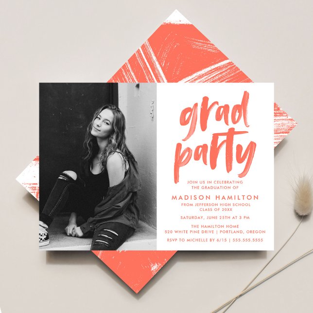 Modern Coral Brush Script Photo Graduation Party Invitation (Creator Uploaded)