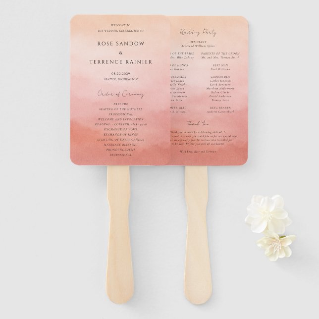 Modern Coral Coastal Chic Elegant Wedding Program Hand Fan (Front and Back)