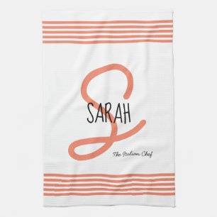 Modern Coral Elegant Monogram Hostess Tea Towel