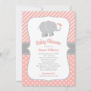 Modern Coral Elephant Baby Girl Shower Invitation