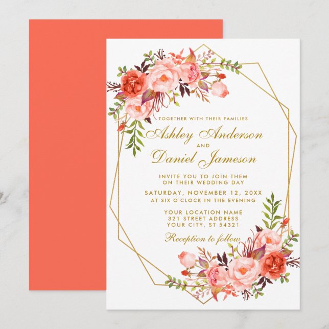 Modern Coral Floral and Gold Wedding Geometric Invitation (Front/Back)