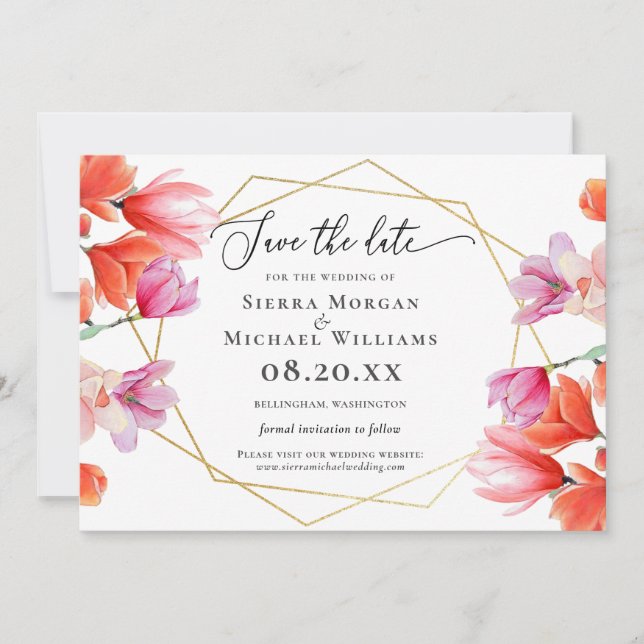 Modern Coral Floral Gold Geometric Save The Date (Front)
