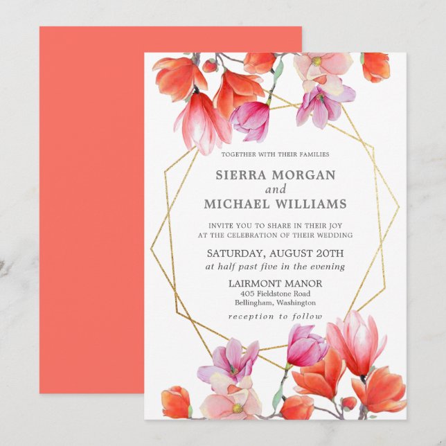 Modern Coral Floral Gold Geometric Wedding Invitation (Front/Back)