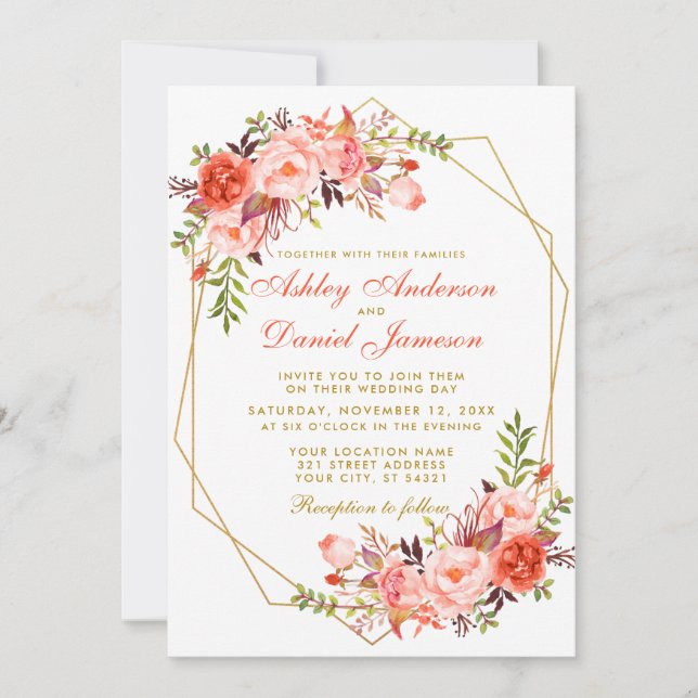 Modern Coral Floral Gold Geometric Wedding W Invitation (Front)