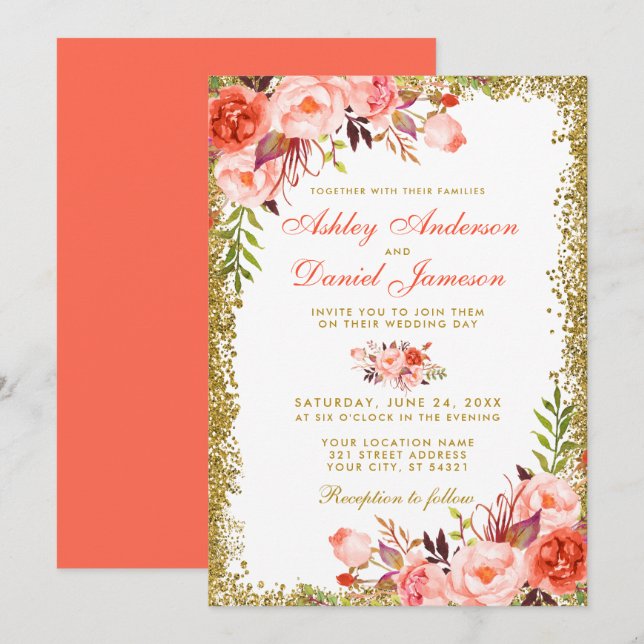 Modern Coral Floral Gold Glitter Wedding Invitation (Front/Back)