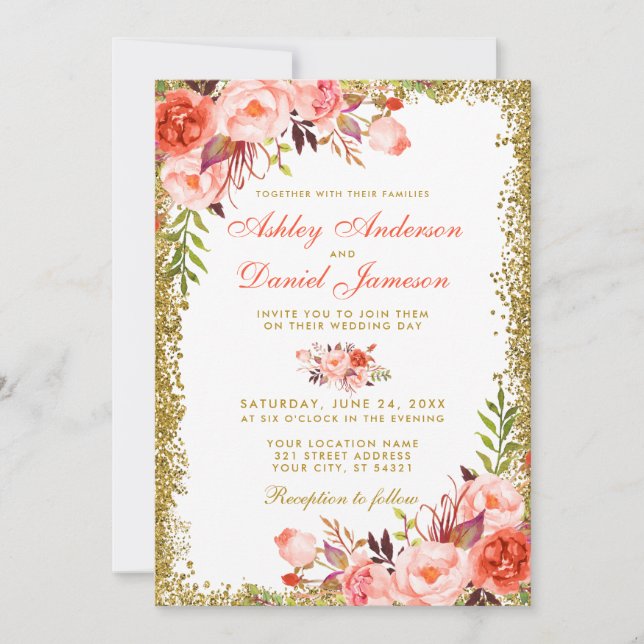 Modern Coral Floral Gold Glitter Wedding W Invitation (Front)