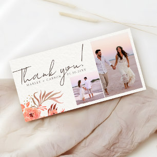 Modern Coral Floral Two Photo Wedding Thank You Card