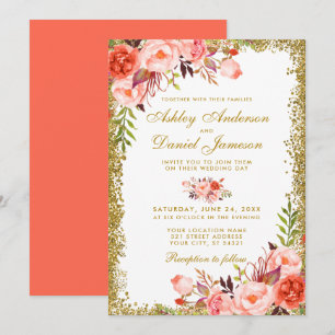 Modern Coral Floral Wedding Gold Glitter Invitation