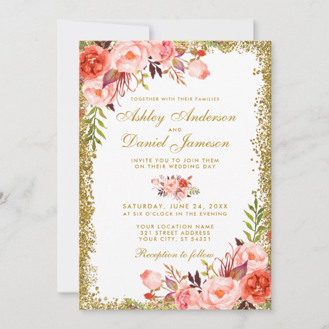 Modern Coral Floral Wedding Gold Glitter W Invitation (Front)