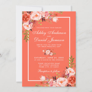 Modern Coral Floral White Frame Wedding Invitation