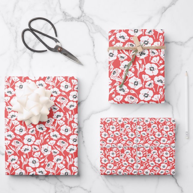 Modern Coral Floral Wrapping Paper Sheet (Front)