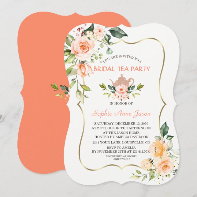 Modern Coral Flowers Bridal Shower Tea Party Invitation (Front/Back)