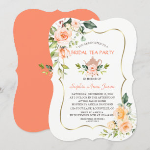 Modern Coral Flowers Bridal Shower Tea Party Invitation