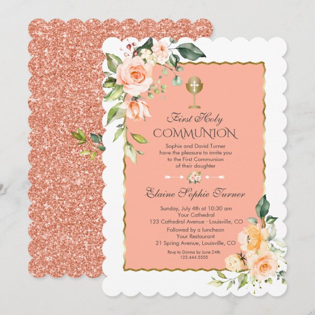 Modern Coral Flowers Coral Glitter First Communion Invitation (Front/Back)