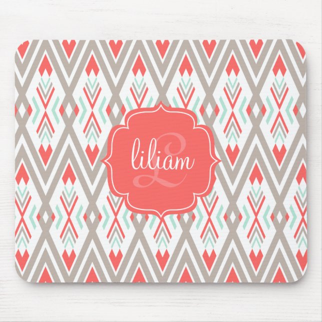 Modern Coral Geometric Tribal Aztec Personalised Mouse Mat (Front)