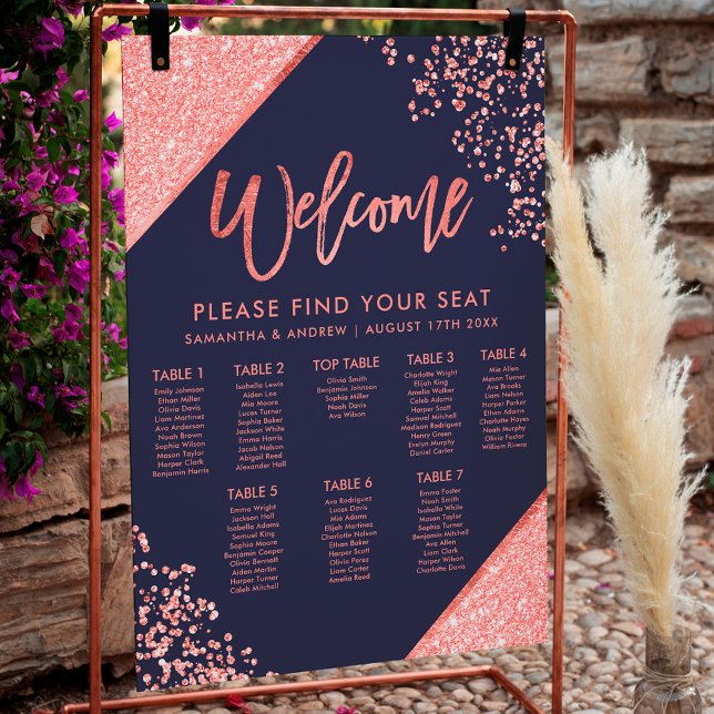 Modern coral glitter navy blue wedding seating poster (Modern coral glitter navy blue wedding seating poster)