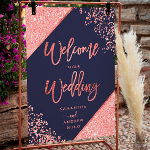 Modern coral glitter navy blue welcome wedding poster