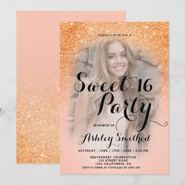 Modern coral glitter ombre photo Sweet 16 Invitation (Front/Back)
