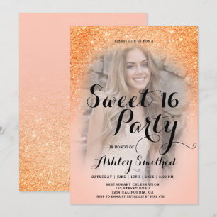 Modern coral glitter ombre photo Sweet 16 Invitation