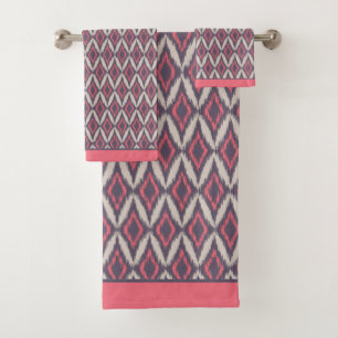 Modern Coral Grey Ikat Pattern  Bath Towel Set
