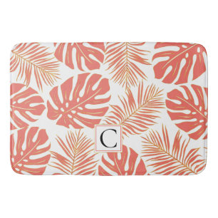 Modern coral leaves and monogram tropical bath mat