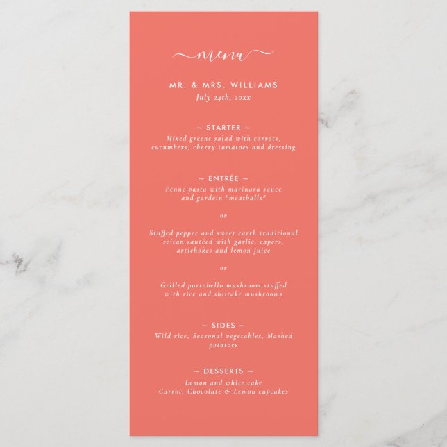 Modern Coral Minimalist Wedding Menu (Front)