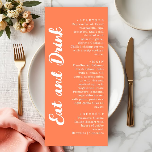 Modern Coral Orange Eat and Drink Wedding Menu (Creator Uploaded)