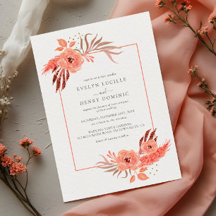 Modern Coral Orange Floral Terracotta Wedding Invitation