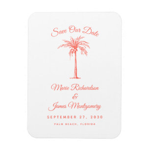Modern Coral Palm Tree Beach Wedding Save the Date Magnet