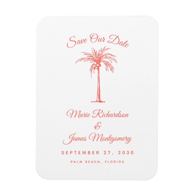 Modern Coral Palm Tree Beach Wedding Save the Date Magnet (Vertical)