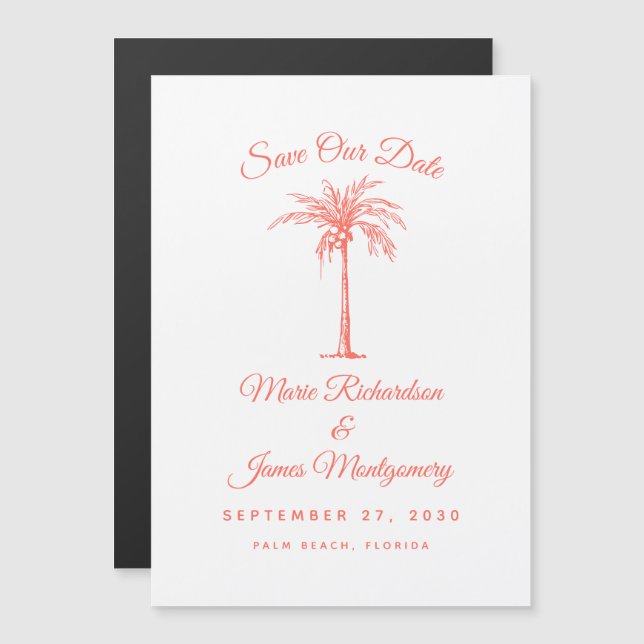 Modern Coral Palm Tree Beach Wedding Save the Date Magnetic Invitation (Front/Back)