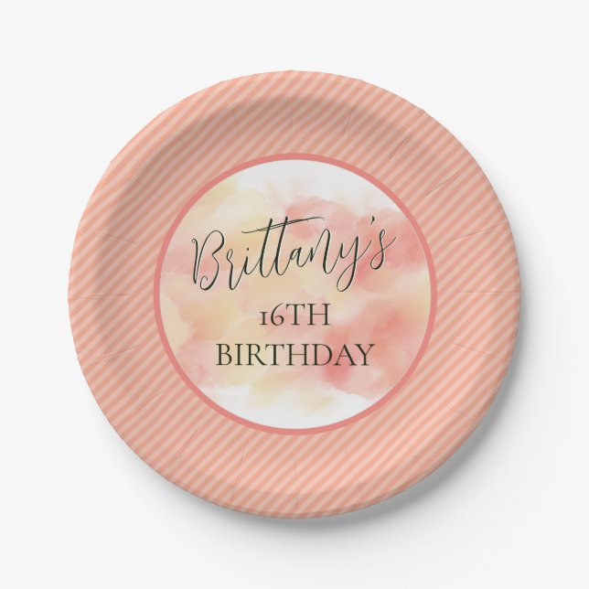 Modern Coral Peach Elegant Personalised Birthday Paper Plate (Front)