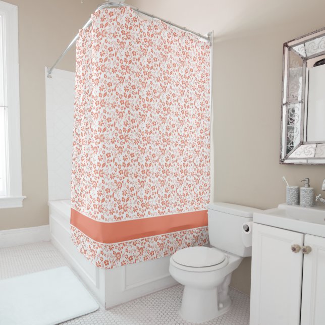 Modern Coral Peach Tropical Floral Pattern Shower Curtain (In Situ)