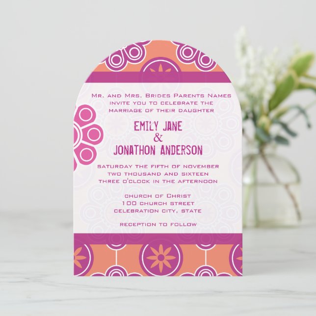 Modern Coral Pink and Orange Floral Pattern Invitation (Standing Front)