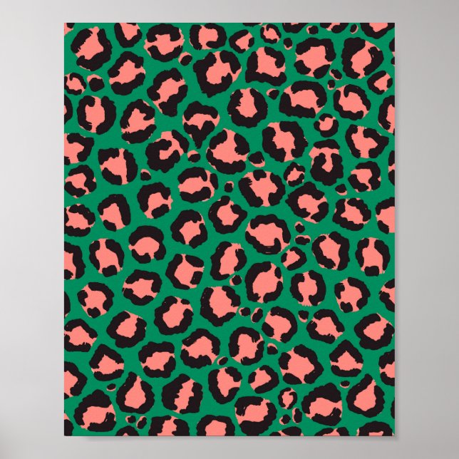 Modern Coral Pink Black Green Leopard Animal Print (Front)
