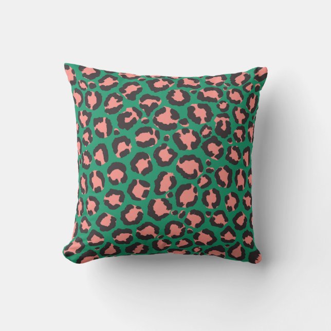 Modern Coral Pink Black Green Leopard Animal Print Cushion (Front)