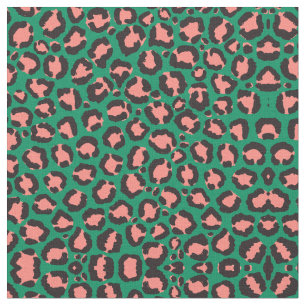 Modern Coral Pink Black Green Leopard Animal Print Fabric