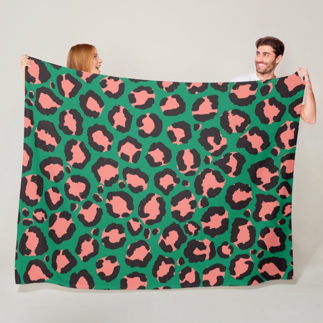 Modern Coral Pink Black Green Leopard Animal Print Fleece Blanket (In Situ)