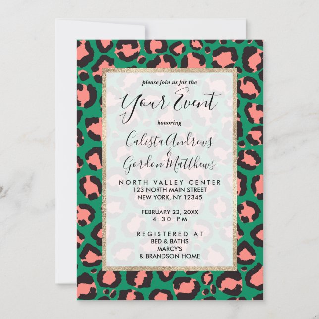 Modern Coral Pink Black Green Leopard Animal Print Invitation (Front)