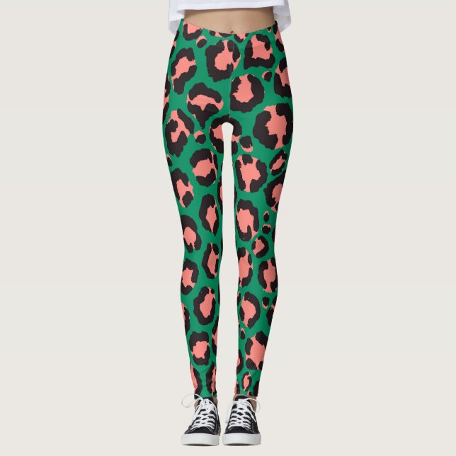 Modern Coral Pink Black Green Leopard Animal Print Leggings (Front)