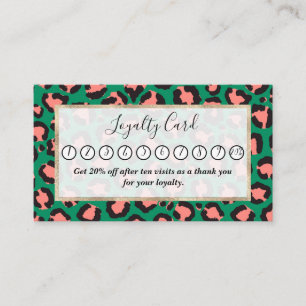 Modern Coral Pink Black Green Leopard Animal Print Loyalty Card