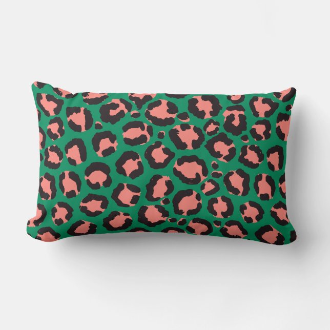 Modern Coral Pink Black Green Leopard Animal Print Lumbar Cushion (Front)