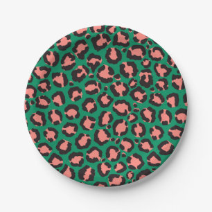 Modern Coral Pink Black Green Leopard Animal Print Paper Plate