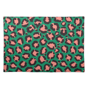 Modern Coral Pink Black Green Leopard Animal Print Placemat