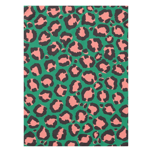 Modern Coral Pink Black Green Leopard Animal Print Tablecloth (Front)