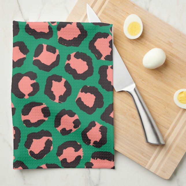 Modern Coral Pink Black Green Leopard Animal Print Tea Towel (Quarter Fold)