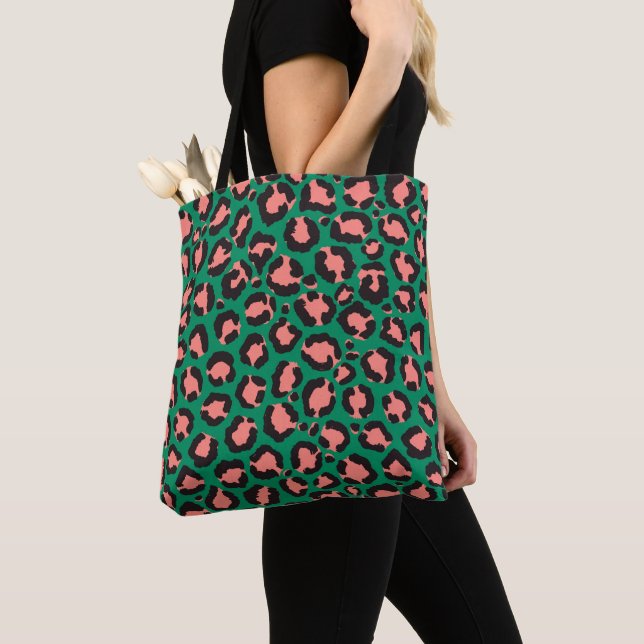 Modern Coral Pink Black Green Leopard Animal Print Tote Bag (Close Up)